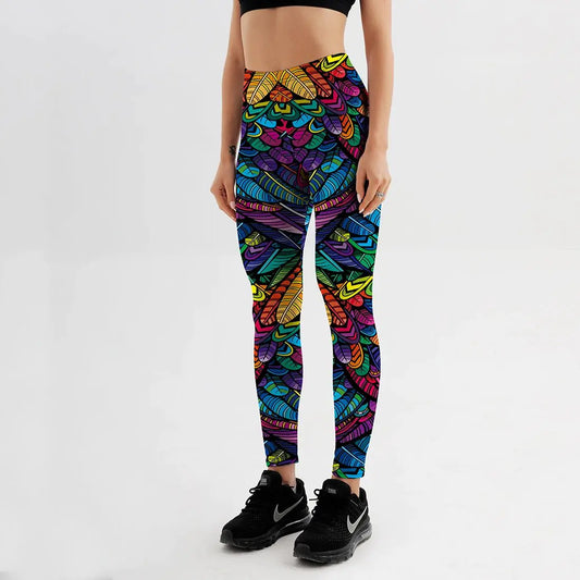 Quickitout Color Feathers 3D Printed Women's Mid-Waist Fitness Leggings